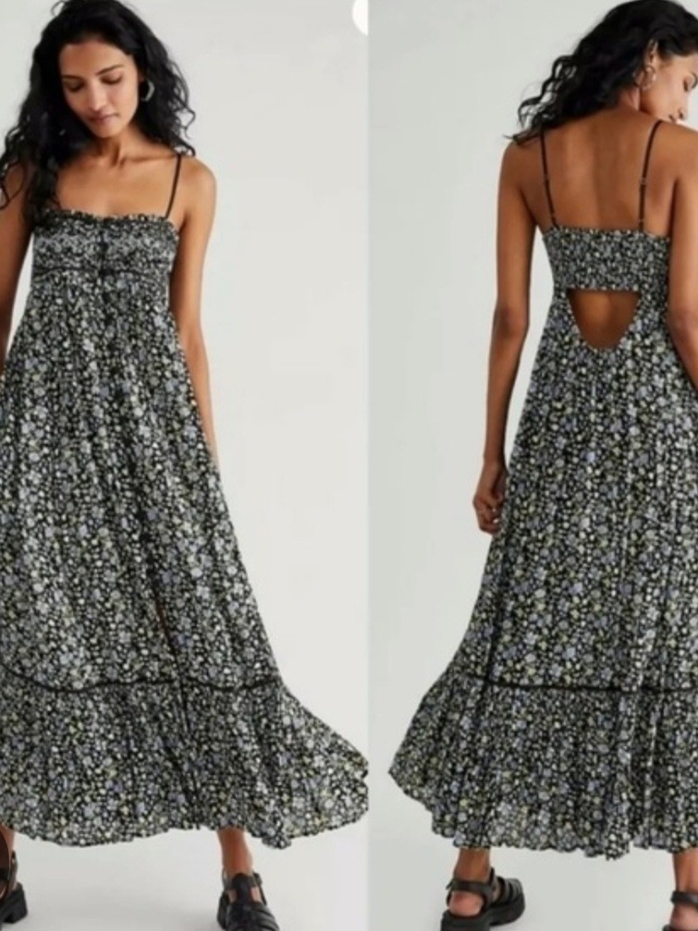 Free People Black Floral Maxi Dress with Smocked Bodice